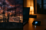 Hydro-Québec substation at dusk and a laptop with mobile hotspot during a planned power outage in Quebec